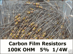 100K Ohm Carbon Film Resistors 1/4W 5%. (Pack of 50)