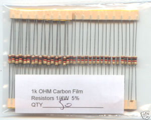 1K Ohm Carbon Film Resistors 1/4W 5%. (Pack of 50)