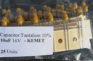 10uF 2.5mm 16V Tantalum Capacitors. Kemet. (Pack of 25).