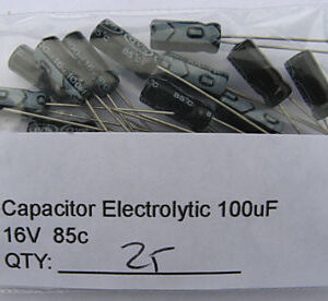 100uF 16V 85c Electrolytic Capacitors. (25 Capacitors Pack)