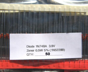 1N748A 0.5W (1N5228B equivalent) 3.9V ZENER DIODES. (50 diodes pack)