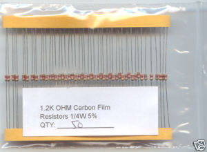 1K Ohm Carbon Resistors 1/4W 5%. (Pack of 50)