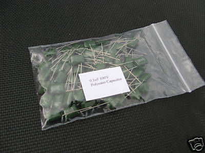 0.1uF Green Polyester Film Capacitors. 100V, 5%. (Pack of 25)