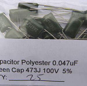 0.047uF Green Polyester Film Capacitors. 100V, 5%. (Pack of 25)